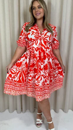 CurveWow Midi Smock Dress Red Tile