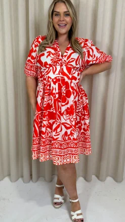 CurveWow Midi Smock Dress Red Tile