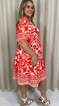 CurveWow Midi Smock Dress Red Tile