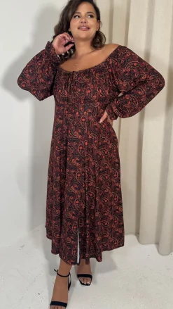 CurveWow Milkmaid Balloon Sleeve Midi Dress Rust Paisley