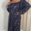 CurveWow Milkmaid Balloon Sleeve Midi Dress Navy Ditsy