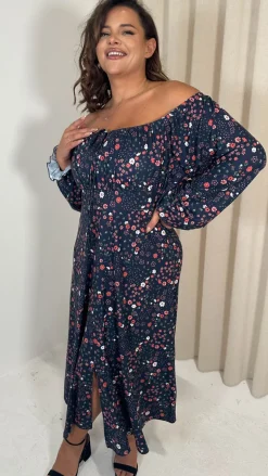 CurveWow Milkmaid Balloon Sleeve Midi Dress Navy Ditsy