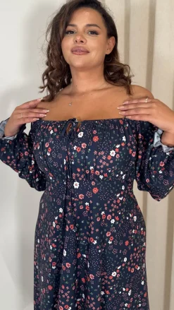 CurveWow Milkmaid Balloon Sleeve Midi Dress Navy Ditsy