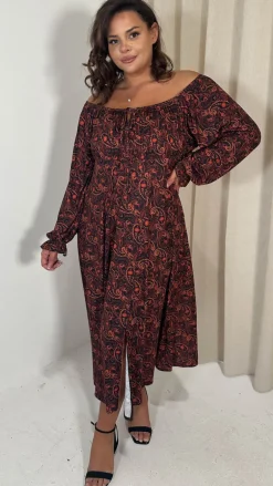 CurveWow Milkmaid Balloon Sleeve Midi Dress Rust Paisley