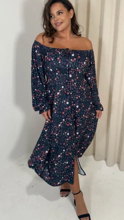 CurveWow Milkmaid Balloon Sleeve Midi Dress Navy Ditsy
