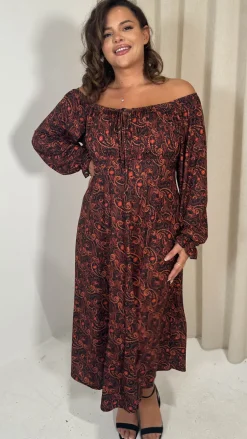 CurveWow Milkmaid Balloon Sleeve Midi Dress Rust Paisley