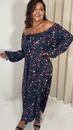 CurveWow Milkmaid Balloon Sleeve Midi Dress Navy Ditsy