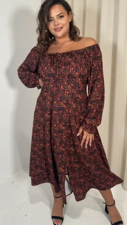 CurveWow Milkmaid Balloon Sleeve Midi Dress Rust Paisley