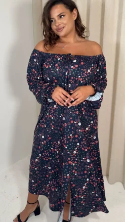CurveWow Milkmaid Balloon Sleeve Midi Dress Navy Ditsy