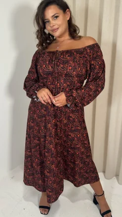 CurveWow Milkmaid Balloon Sleeve Midi Dress Rust Paisley