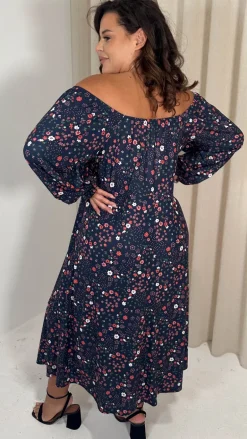 CurveWow Milkmaid Balloon Sleeve Midi Dress Navy Ditsy