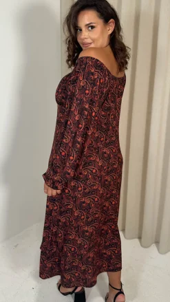 CurveWow Milkmaid Balloon Sleeve Midi Dress Rust Paisley