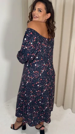 CurveWow Milkmaid Balloon Sleeve Midi Dress Navy Ditsy