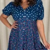 CurveWow Mock Button Mix Match Print Skater Dress Navy Mix