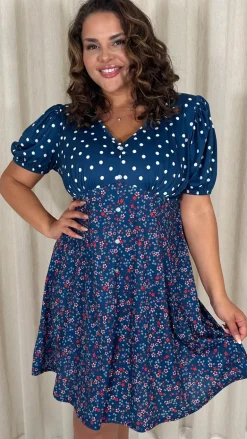 CurveWow Mock Button Mix Match Print Skater Dress Navy Mix