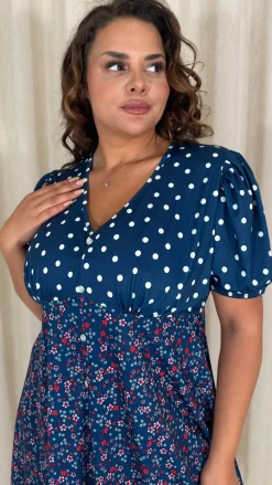 CurveWow Mock Button Mix Match Print Skater Dress Navy Mix