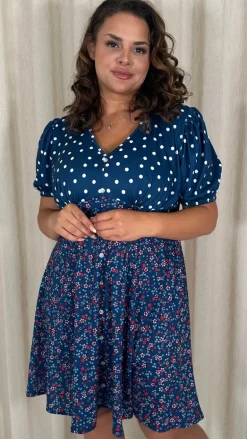 CurveWow Mock Button Mix Match Print Skater Dress Navy Mix
