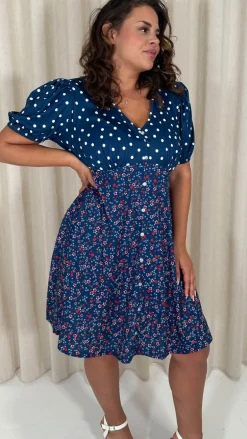 CurveWow Mock Button Mix Match Print Skater Dress Navy Mix