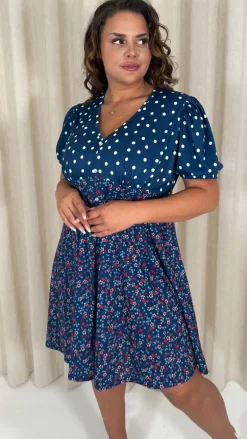 CurveWow Mock Button Mix Match Print Skater Dress Navy Mix