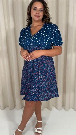CurveWow Mock Button Mix Match Print Skater Dress Navy Mix