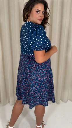 CurveWow Mock Button Mix Match Print Skater Dress Navy Mix