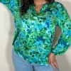 CurveWow Notch Neck Satin Printed Top Green Floral