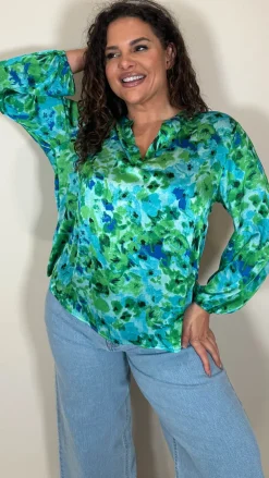 CurveWow Notch Neck Satin Printed Top Green Floral