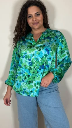 CurveWow Notch Neck Satin Printed Top Green Floral