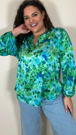 CurveWow Notch Neck Satin Printed Top Green Floral