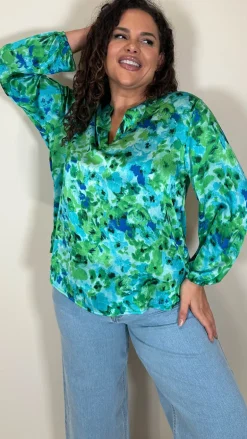 CurveWow Notch Neck Satin Printed Top Green Floral