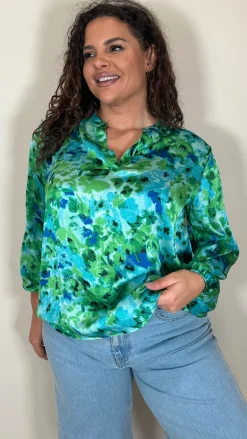CurveWow Notch Neck Satin Printed Top Green Floral
