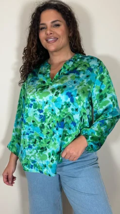 CurveWow Notch Neck Satin Printed Top Green Floral