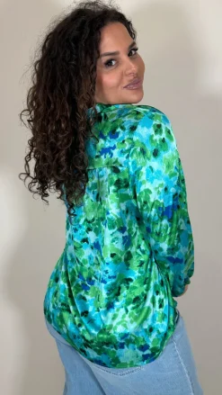 CurveWow Notch Neck Satin Printed Top Green Floral