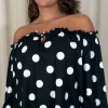 CurveWow Off The Shoulder Lantern Sleeve Tie Front Top Black Polka Dot