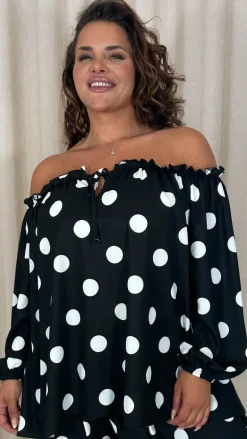 CurveWow Off The Shoulder Lantern Sleeve Tie Front Top Black Polka Dot