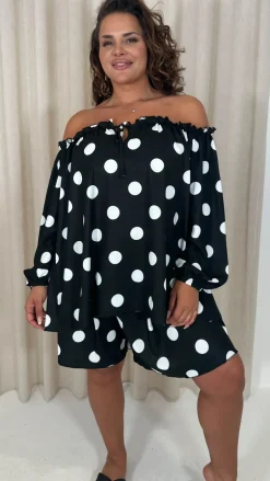 CurveWow Off The Shoulder Lantern Sleeve Tie Front Top Black Polka Dot
