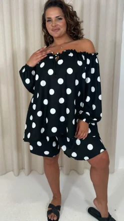 CurveWow Off The Shoulder Lantern Sleeve Tie Front Top Black Polka Dot