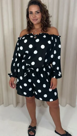 CurveWow Off The Shoulder Lantern Sleeve Tie Front Top Black Polka Dot
