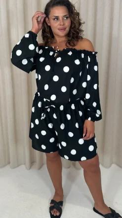 CurveWow Off The Shoulder Lantern Sleeve Tie Front Top Black Polka Dot