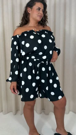 CurveWow Off The Shoulder Lantern Sleeve Tie Front Top Black Polka Dot