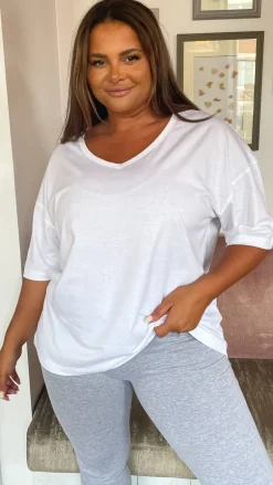 CurveWow Oversized V Neck Basic T-Shirt White
