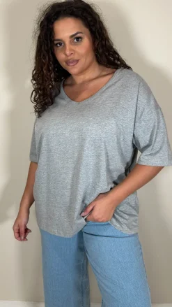 CurveWow Oversized V Neck Basic T-Shirt Grey
