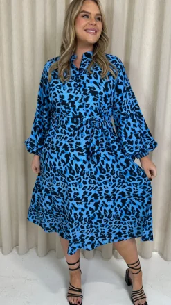 CurveWow Peasant Sleeve Collarless Shirt Blue Animal