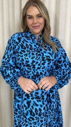 CurveWow Peasant Sleeve Collarless Shirt Blue Animal