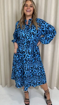 CurveWow Peasant Sleeve Collarless Shirt Blue Animal