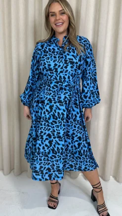 CurveWow Peasant Sleeve Collarless Shirt Blue Animal