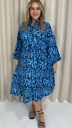 CurveWow Peasant Sleeve Collarless Shirt Blue Animal