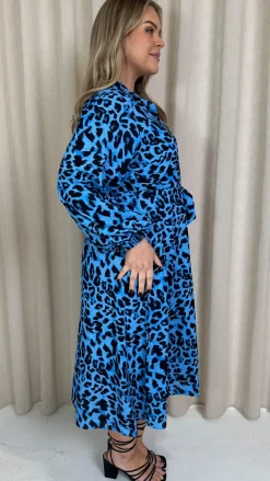 CurveWow Peasant Sleeve Collarless Shirt Blue Animal