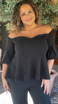 CurveWow Peplum Sweetheart Bardot Top Black