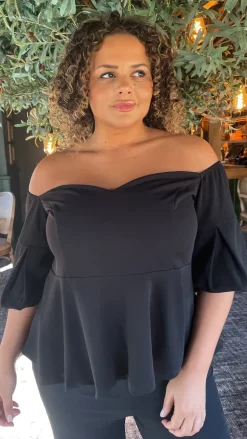 CurveWow Peplum Sweetheart Bardot Top Black